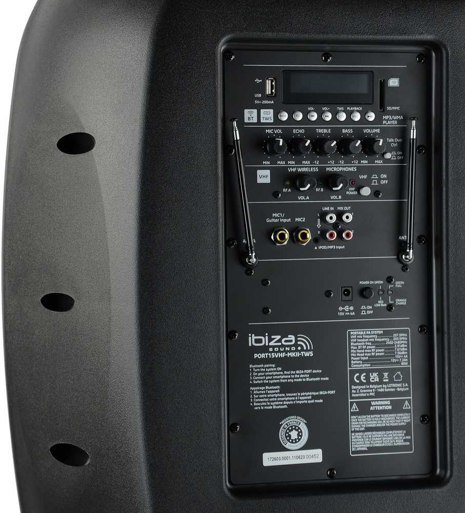 Ibiza Sound PORT15VHF-MKII NEŠIOJAMA GARSO SISTEMA SU AKUMULIATORIUMI + 2X VHF BELAIDŽIAI MIKROFONAI, USB/SD/AUX/BLUETOOTH, 15′′/38CM