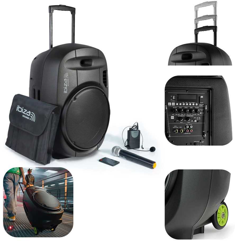 Ibiza Sound PORT15VHF-MKII NEŠIOJAMA GARSO SISTEMA SU AKUMULIATORIUMI + 2X VHF BELAIDŽIAI MIKROFONAI, USB/SD/AUX/BLUETOOTH, 15′′/38CM