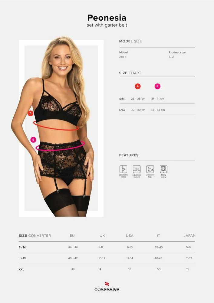 Obsessive - Peonesia 3 Pcs Set Juodas S/M 3 dalių apatinių komplektas