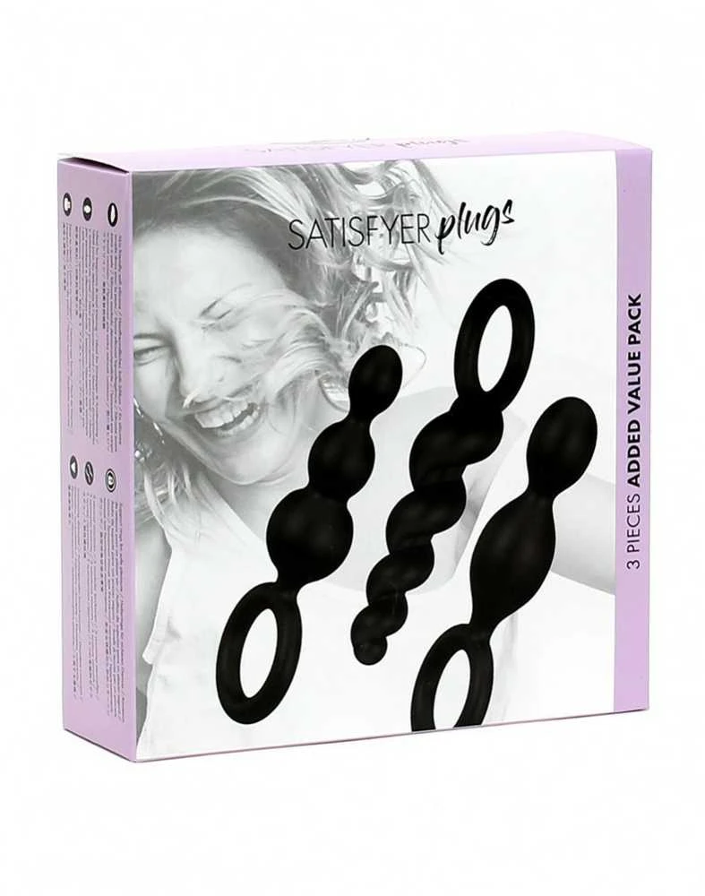 „Satisfyer Booty Call“ analinių kamštukų rinkinys su stimuliuojančia Juodo struktūra