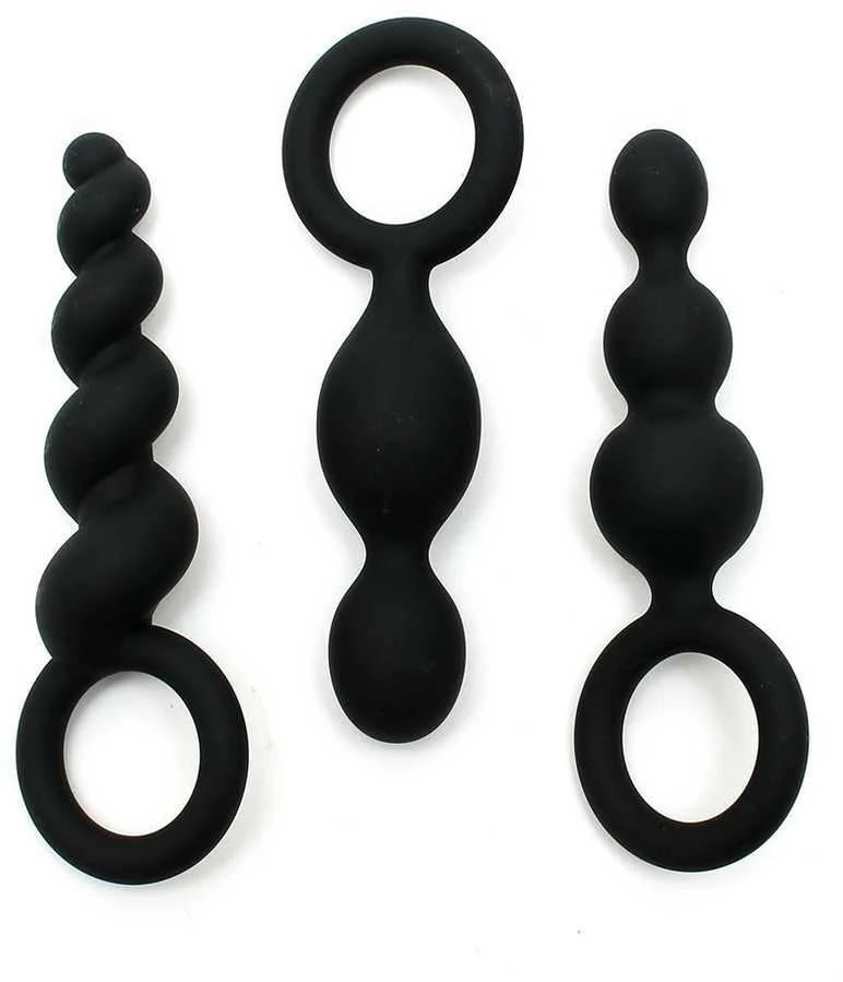 „Satisfyer Booty Call“ analinių kamštukų rinkinys su stimuliuojančia Juodo struktūra