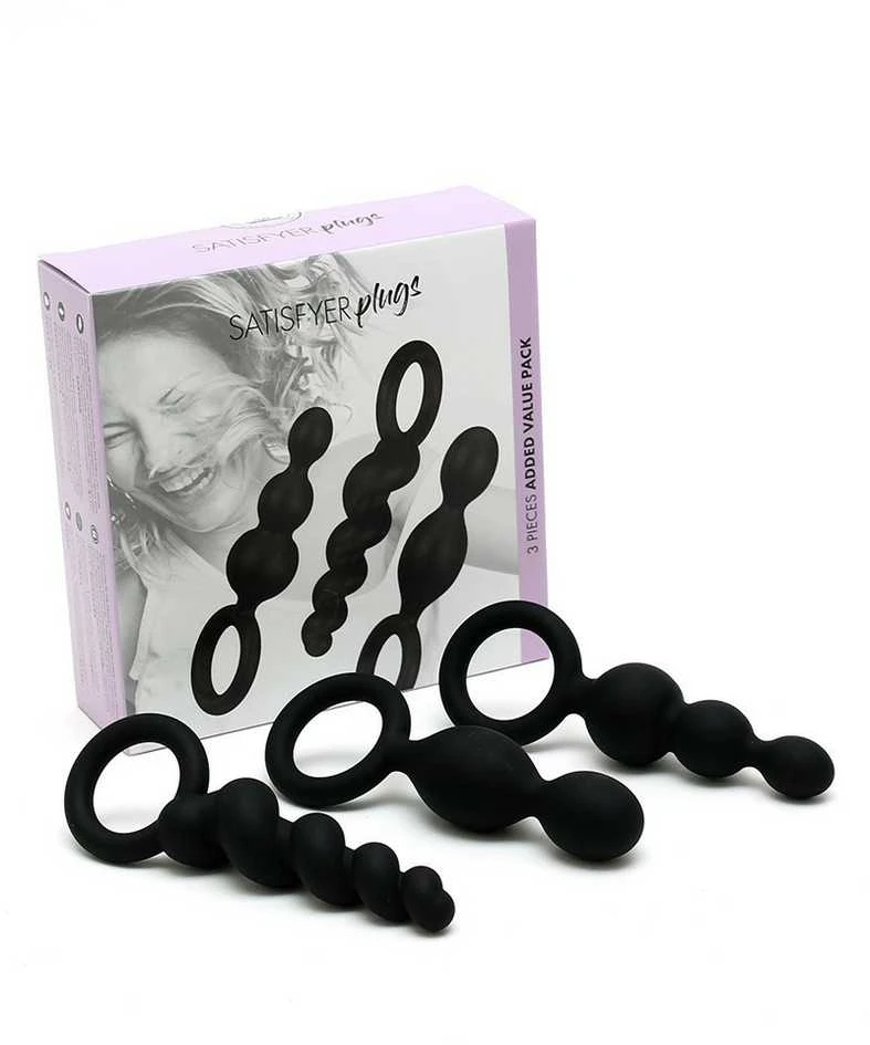 „Satisfyer Booty Call“ analinių kamštukų rinkinys su stimuliuojančia Juodo struktūra