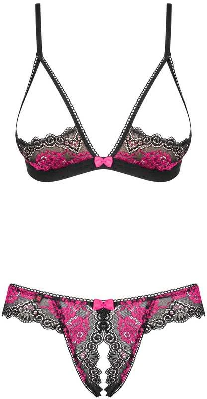 Obsessive - Tulia 2 pcs set cupless juodas S/M seksualus liemenėlės ir kelnaičių komplektas