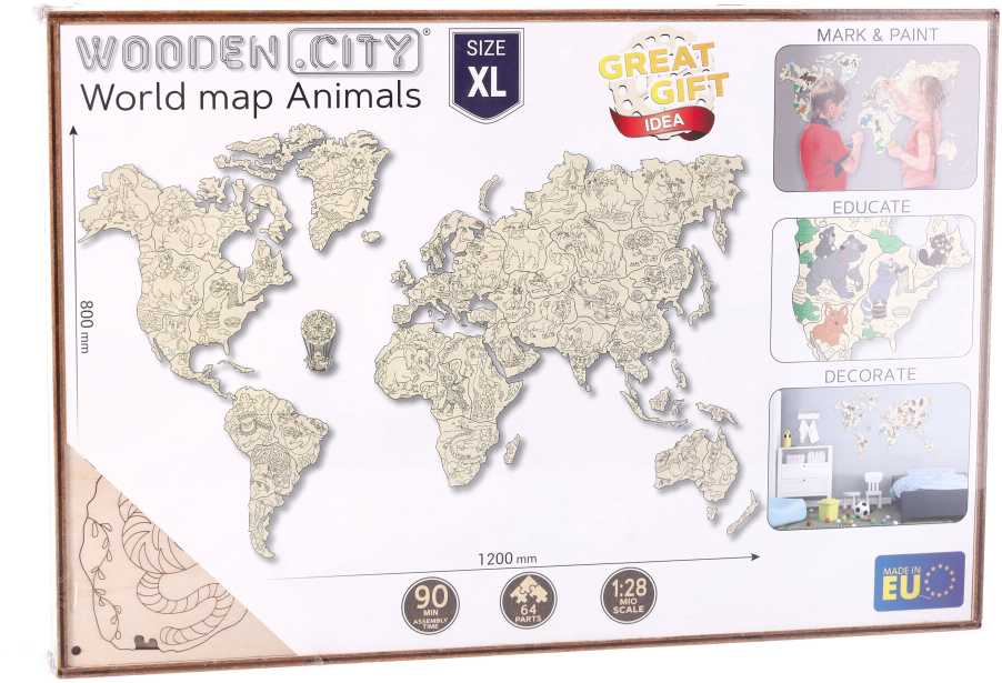 Dėlionė Wooden city 3D gyvūnų pasaulio medinis žemėlapis, XL dydis