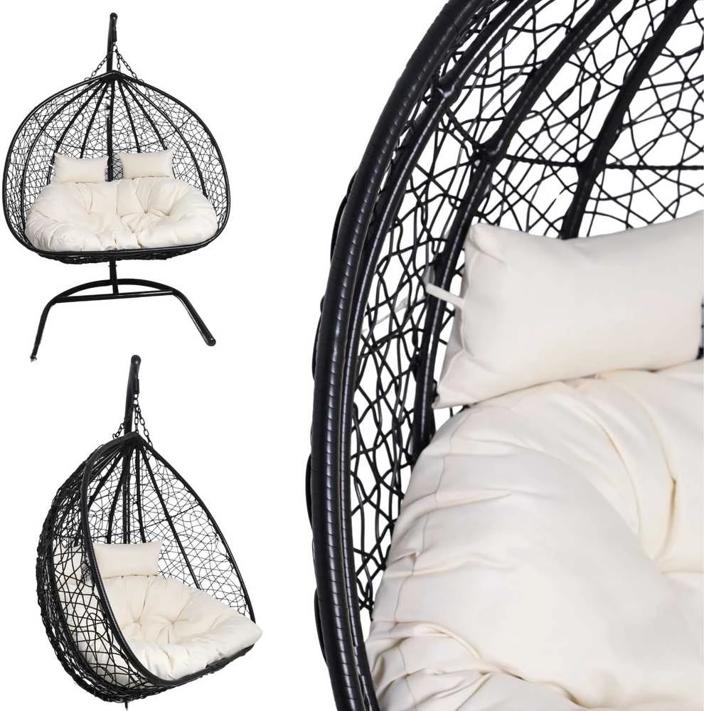 Hanging Cocoon Chair - Juodas su Bežiniu Pagalviu