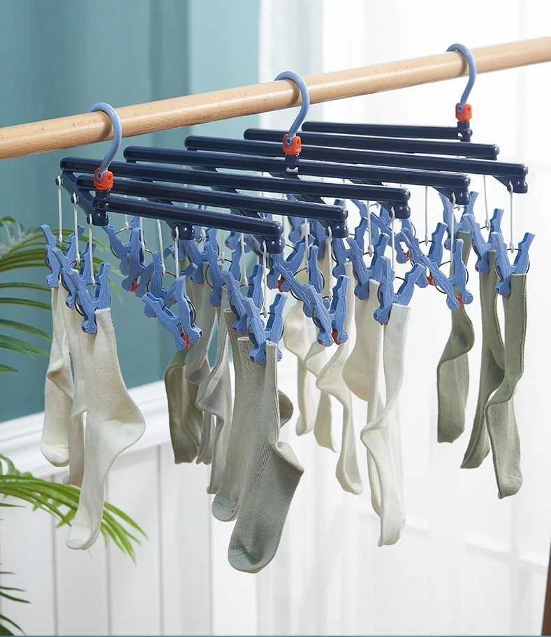 Plastikinis sulankstomas drabužių kabykla su klipsais – 19 klipsų – tamsiai mėlyna