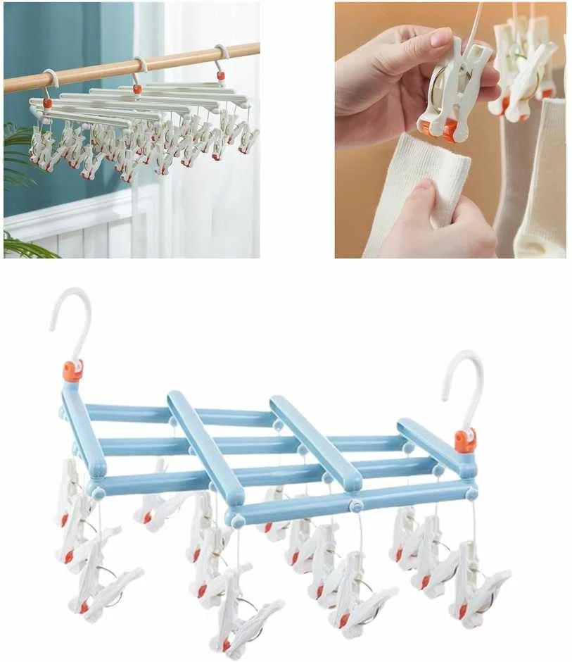 Plastikinis sulankstomas drabužių kabykla su segtukais - 14 segtukų - šviesiai mėlyna