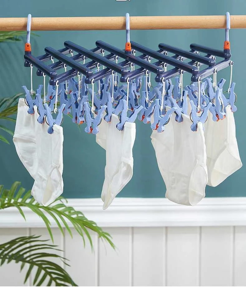 Plastikinis sulankstomas drabužių kabykla su segtukais - 14 segtukų - šviesiai mėlyna