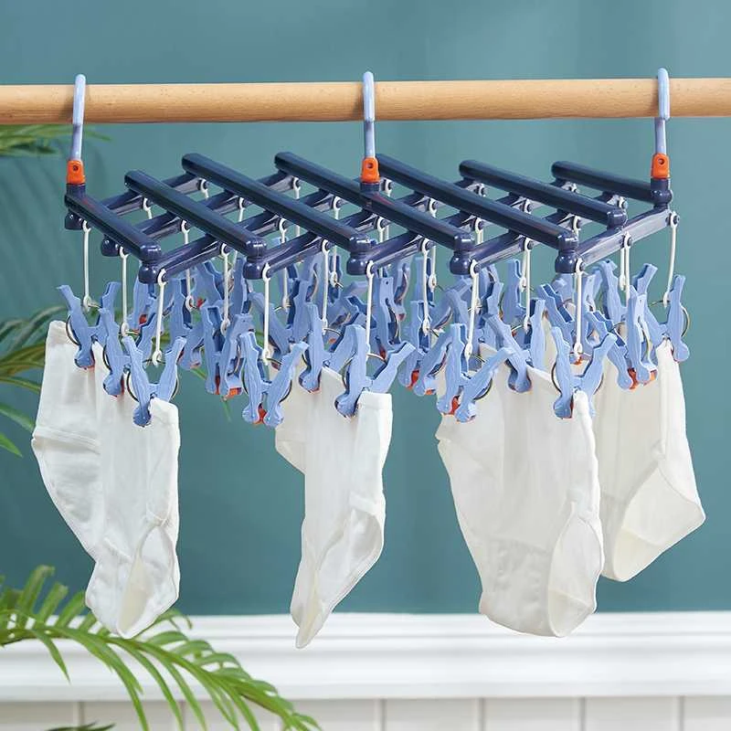 Plastikinis sulankstomas drabužių kabykla su klipsais – 19 klipsų – tamsiai mėlyna
