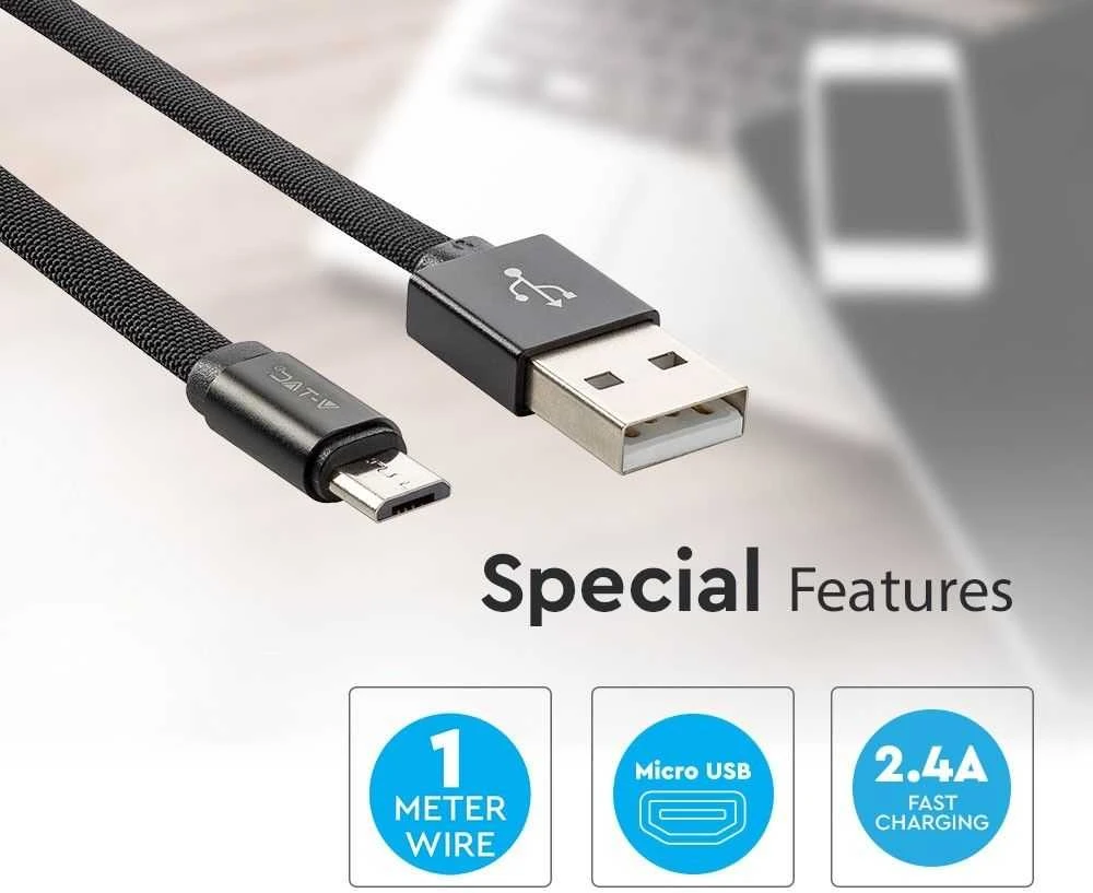 V-tac 1m mikro USB laidas, juodas, laido tipas : medvilninis audinys