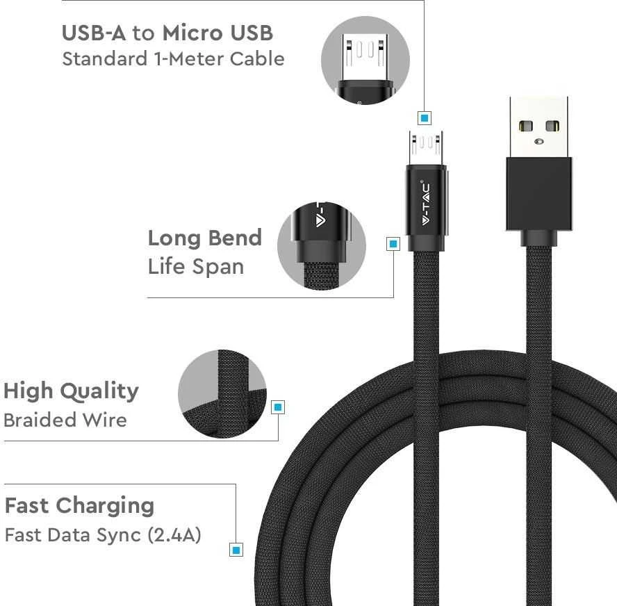 V-tac 1m mikro USB laidas, juodas, laido tipas : medvilninis audinys