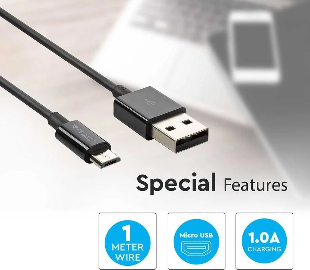 1m mikro USB laidas, juodas, TPE.