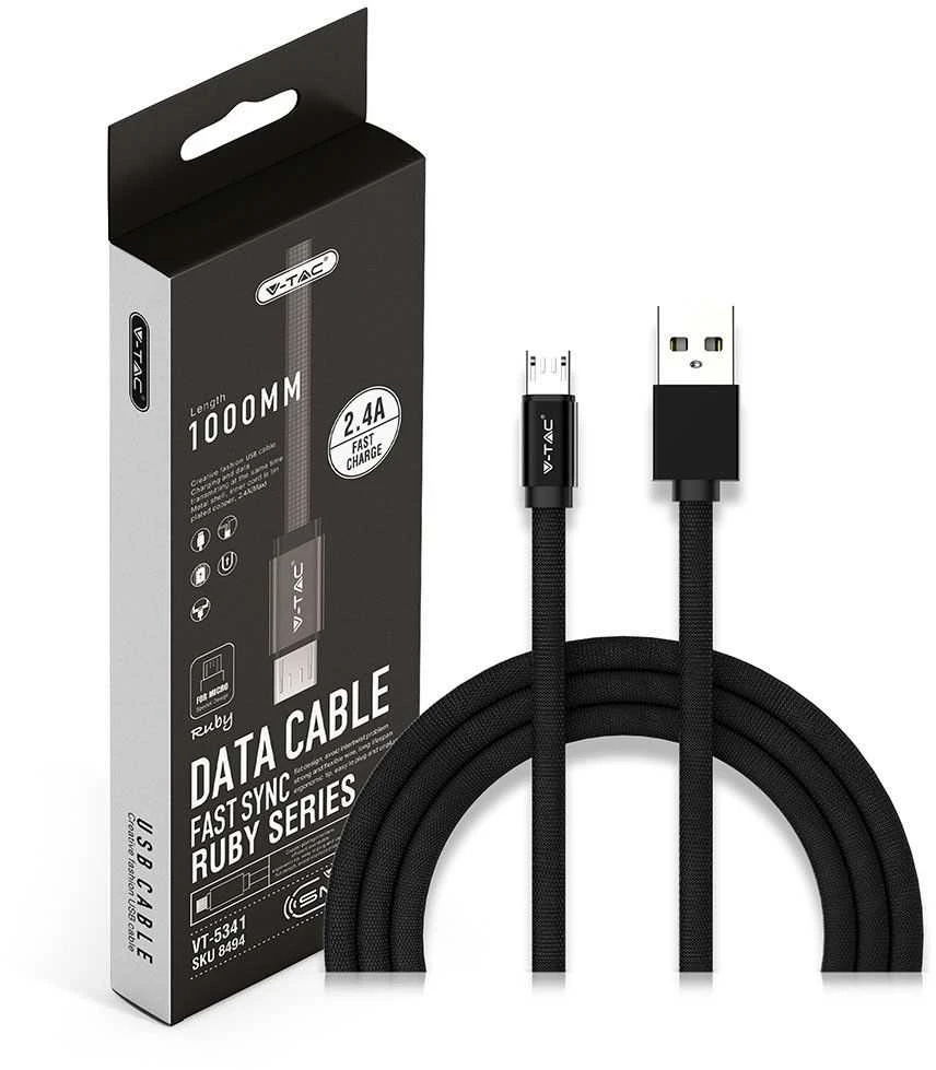 V-tac 1m mikro USB laidas, juodas, laido tipas : medvilninis audinys
