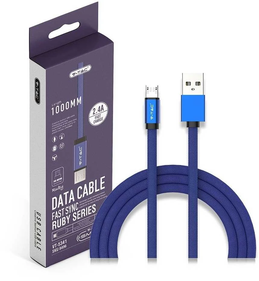 V-tac 1m mikro USB laidas, mėlynas, laido tipas- medvilninis audinys