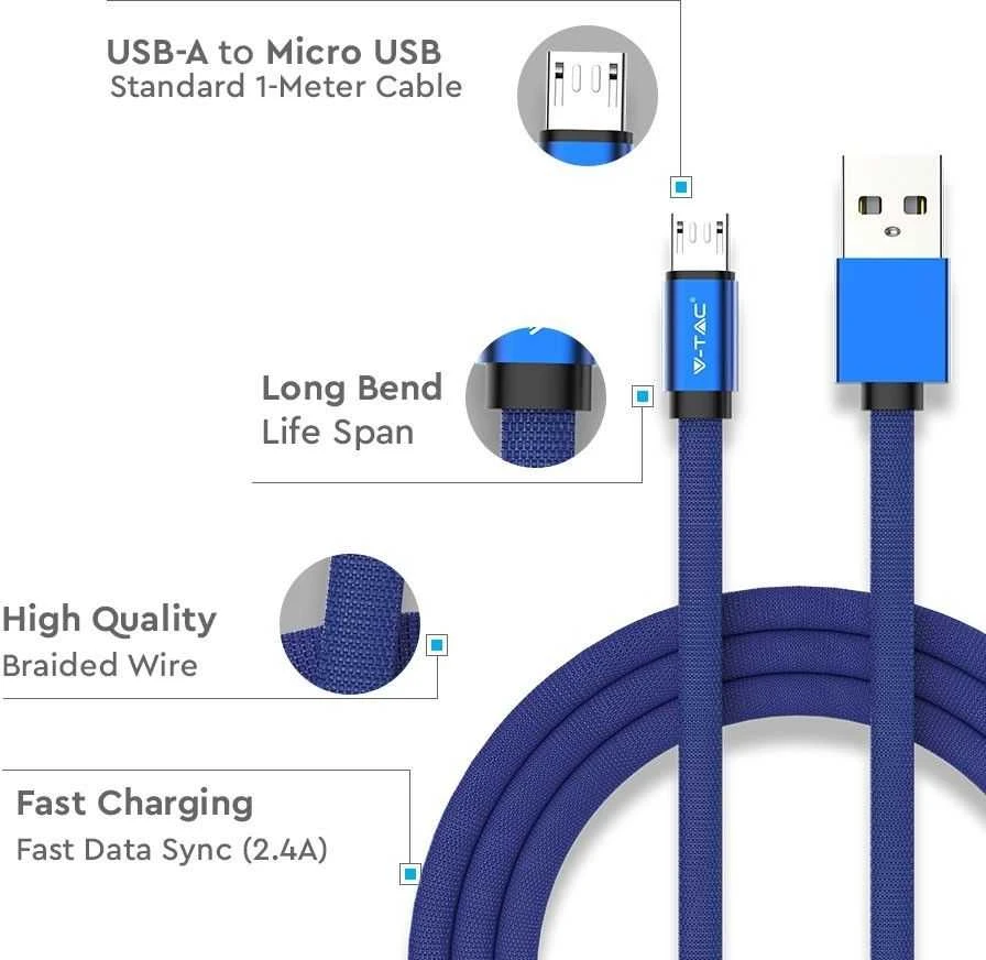 V-tac 1m mikro USB laidas, mėlynas, laido tipas- medvilninis audinys