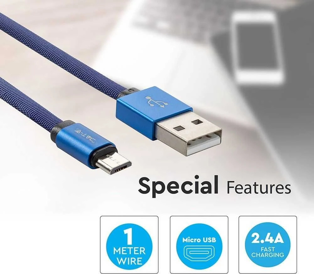 V-tac 1m mikro USB laidas, mėlynas, laido tipas- medvilninis audinys