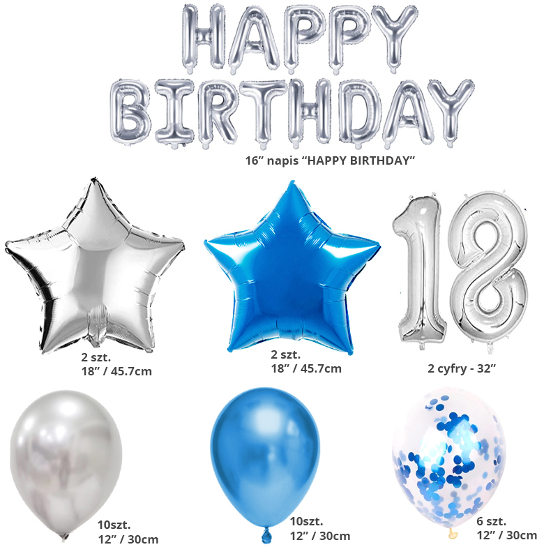 18 -ojo gimtadienio balionų rinkinys - sidabras - mėlyna