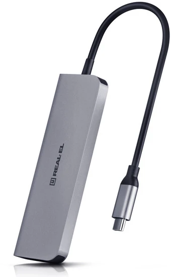 Adapteris C tipo REAL-EL CQ-700, pilkas, su keliais prievadais