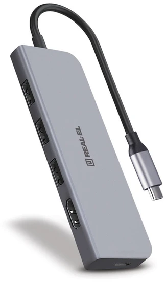 Adapteris C tipo REAL-EL CQ-700, pilkas, su keliais prievadais