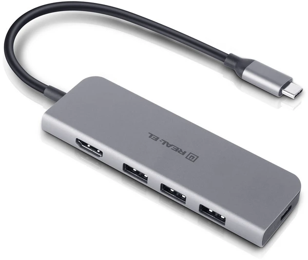 Adapteris C tipo REAL-EL CQ-700, pilkas, su keliais prievadais