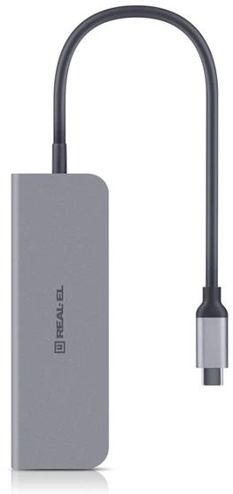 Adapteris C tipo REAL-EL CQ-700, pilkas, su keliais prievadais