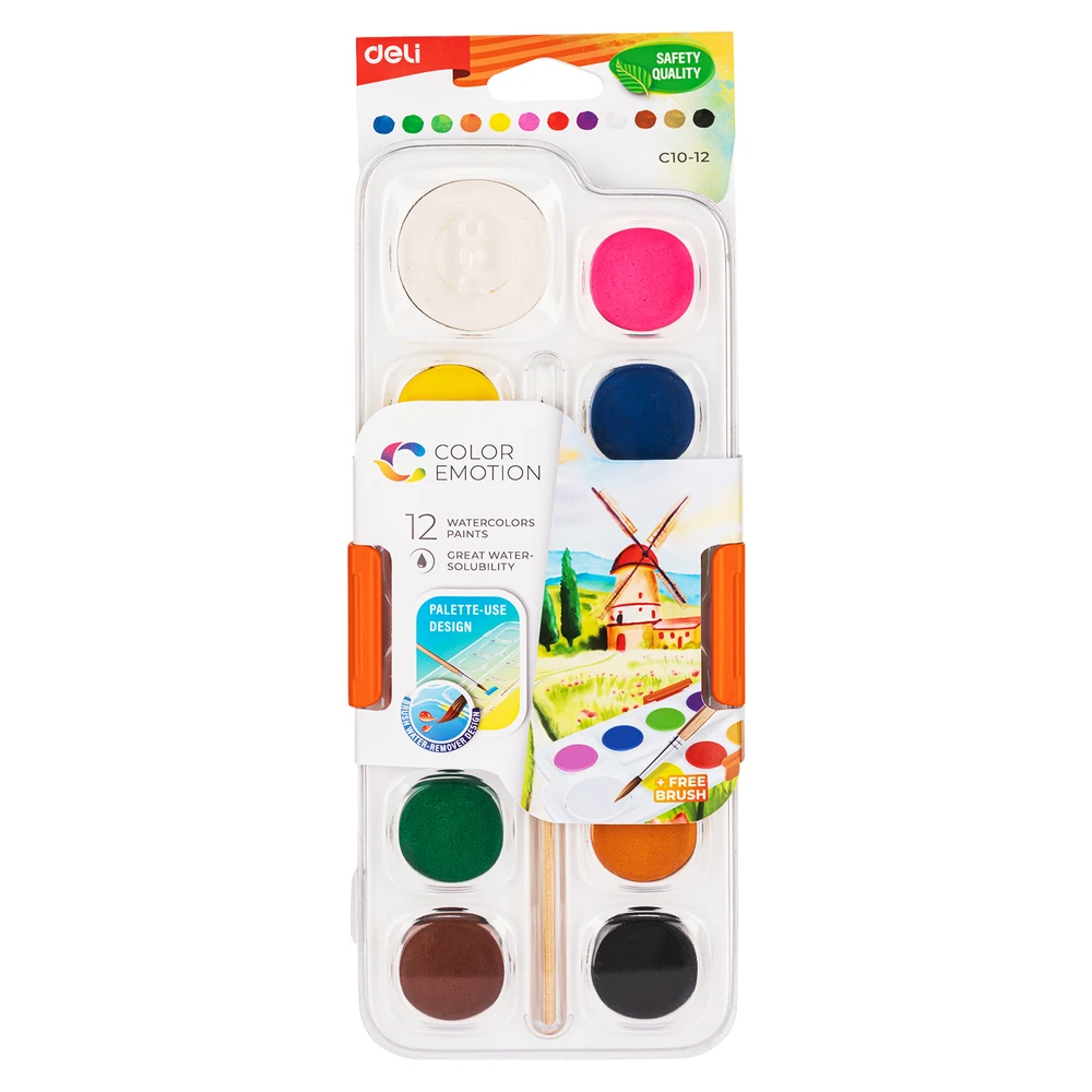 Akvarelė DELI EC10 12 spalvų, su teptuku