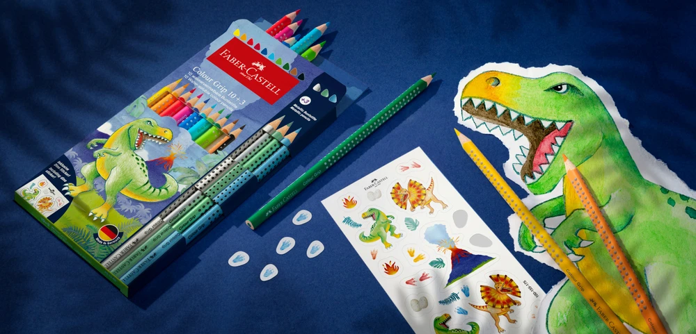 Akvareliniai pieštukai Faber-Castell Colour Grip Dinosaurus, 10 +3 metalizuotos spalvos
