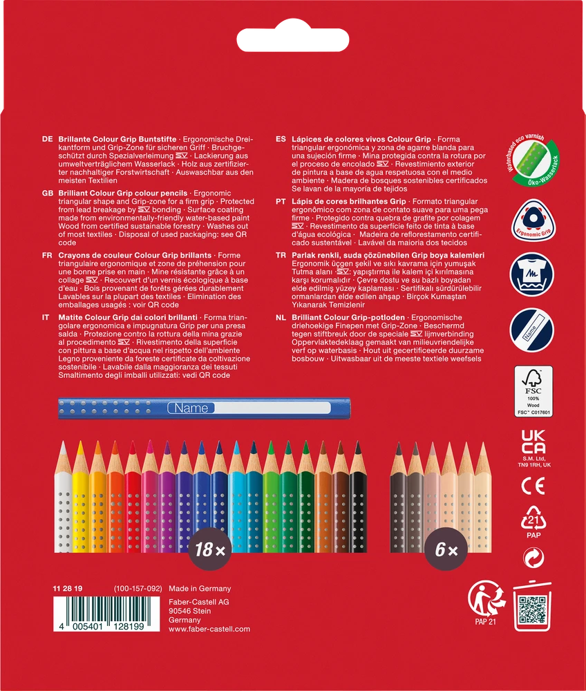Akvareliniai spalvoti pieštukai Faber-Castell Colour Grip 18 +6 odos atspalvio spalvos