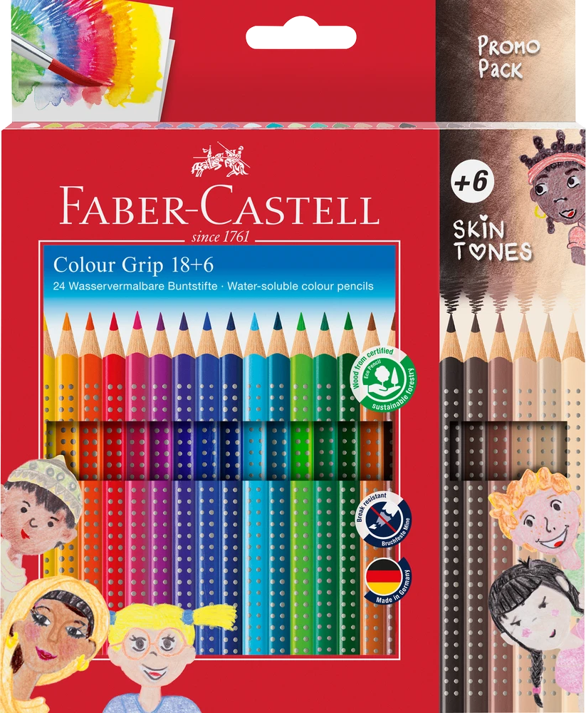 Akvareliniai spalvoti pieštukai Faber-Castell Colour Grip 18 +6 odos atspalvio spalvos