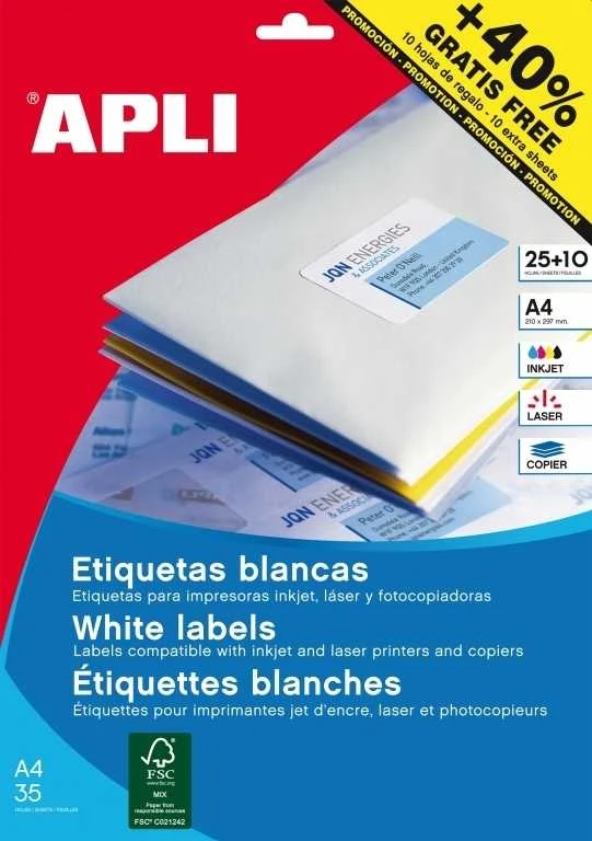 Apvalios lipnios etiketės Apli, A4, 30mm, 48 etiketės lape, 25 lapai, baltos spalvos