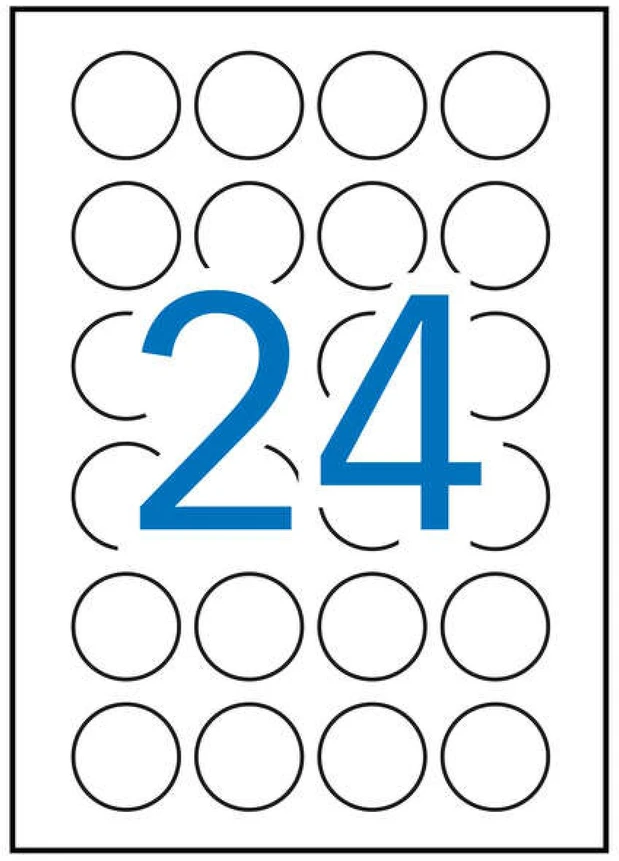 Apvalios lipnios etiketės Apli, A4, 40mm, 24 etiketės lape, 25 lapai, baltos spalvos