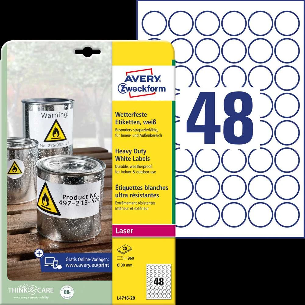 Apvalios lipnios etiketės Avery Zweckform, A4, atsparios drėgmei, 30mm, 48 etiketės lape, 20 lapų, baltos spalvos