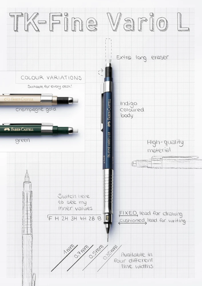 Automatinis pieštukas Faber-Castell TK-FINE VARIO L, 0.5mm, tamsiai mėlynos spalvos