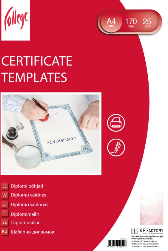 Diplomų ir laiškų popierius College A4, 170g, 25 lapai, rožinės spalvos