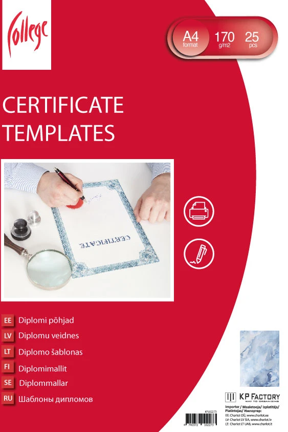 Diplomų ir laiškų popierius College A4, 170g, 25 lapai, mėlynos spalvos
