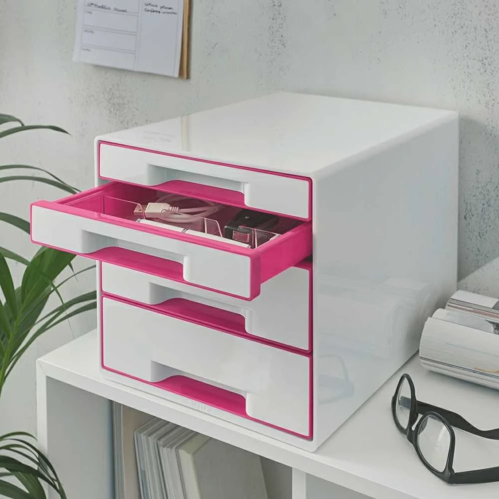 *Dokumentų dėžė Leitz Wow Dual, su 4 stalčiais, baltos/rožinės spalvos