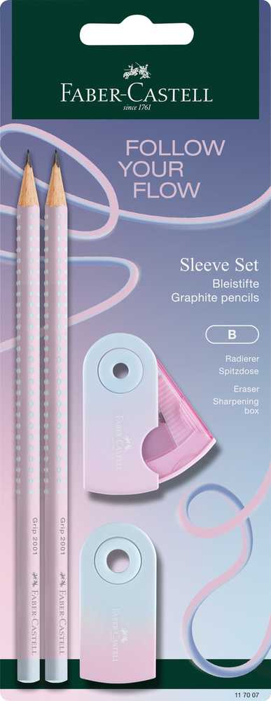 Rinkinys Faber-Castell Grip Flow Edition Blushing Sky, 2 pieštukai B + drožtukas ir trintukas, blisterinėje pakuotėje