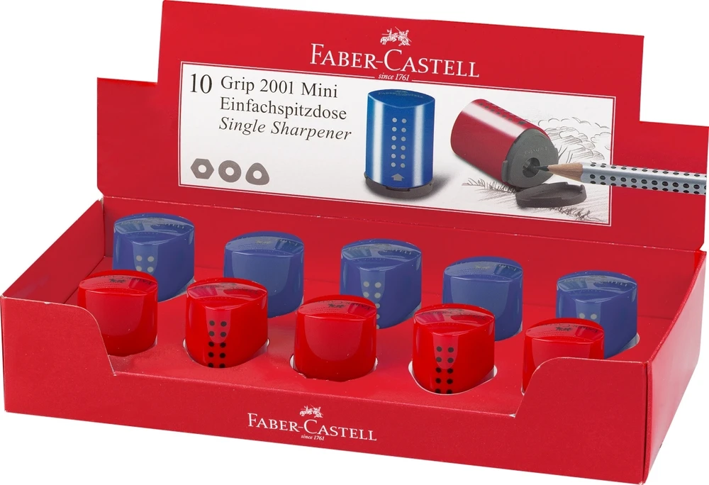 Drožtukas Faber-Castell Grip 2001 mini, plastikinis, su konteineriu, mėlynos/raudonos spalvos