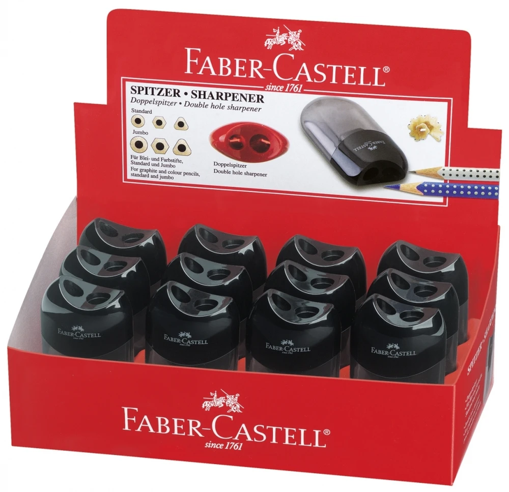 Drožtukas Faber-Castell, ovalios formos, dvigubas, su dėžute, juodos spalvos