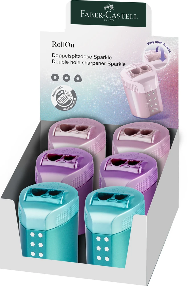 Drožtukas Faber-Castell RollOn Sparkle, 2 skylių, su konteineriu