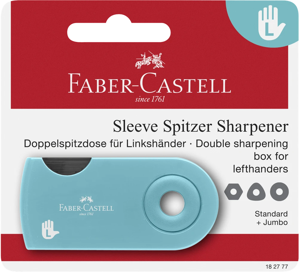 Drožtukas Faber-Castell Sleeve, su konteineriu, 2-jų skylučių, kairiarankiams, blisteryje