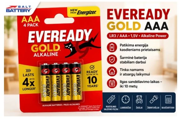 Elementai Energizer Eveready Gold AAA (LR3) 1,5V, šarminiai, 4 vnt