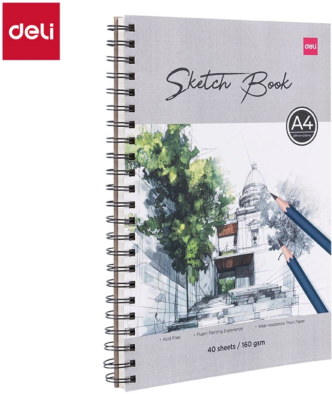 Eskizavimo blonknotas DELI A4 40 lapų 160g, spiralė šone