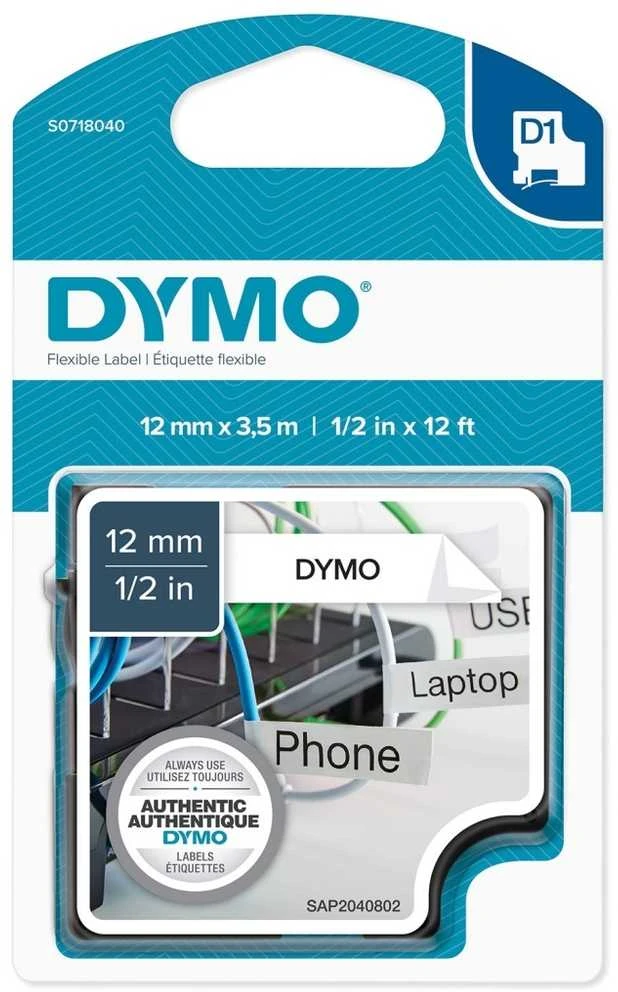 D1 ženklinimo juosta „flex nylon“ 19mm, juoda, balta, juodas tekstas ant baltos juostos, 3,5 m DYMO / 16958