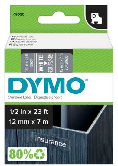 DYMO S0720600 D1 Juostelė 12mm x 7m (skaidri / baltas šifras)