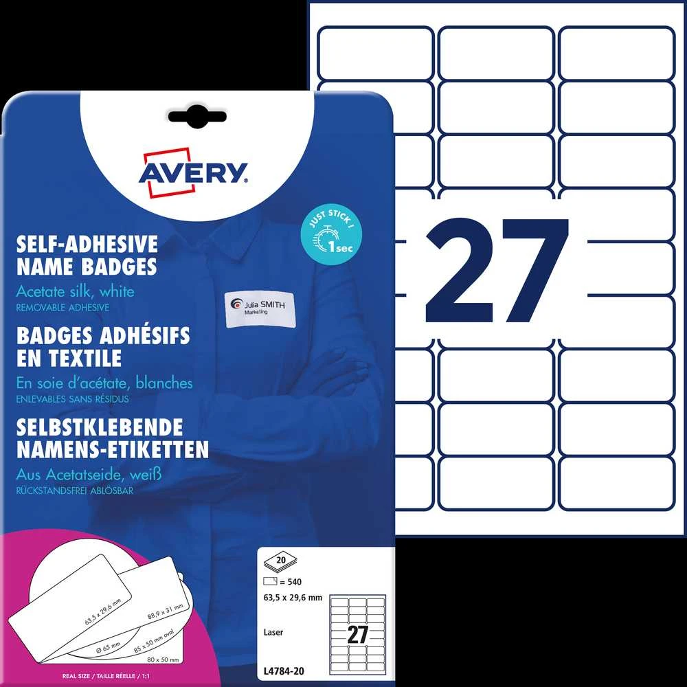 Etiketiniai vardų lipdukai Avery Zweckform, A4, 63,5×29,6mm, 27 etiketės lape, 20 lapų, baltos spalvos