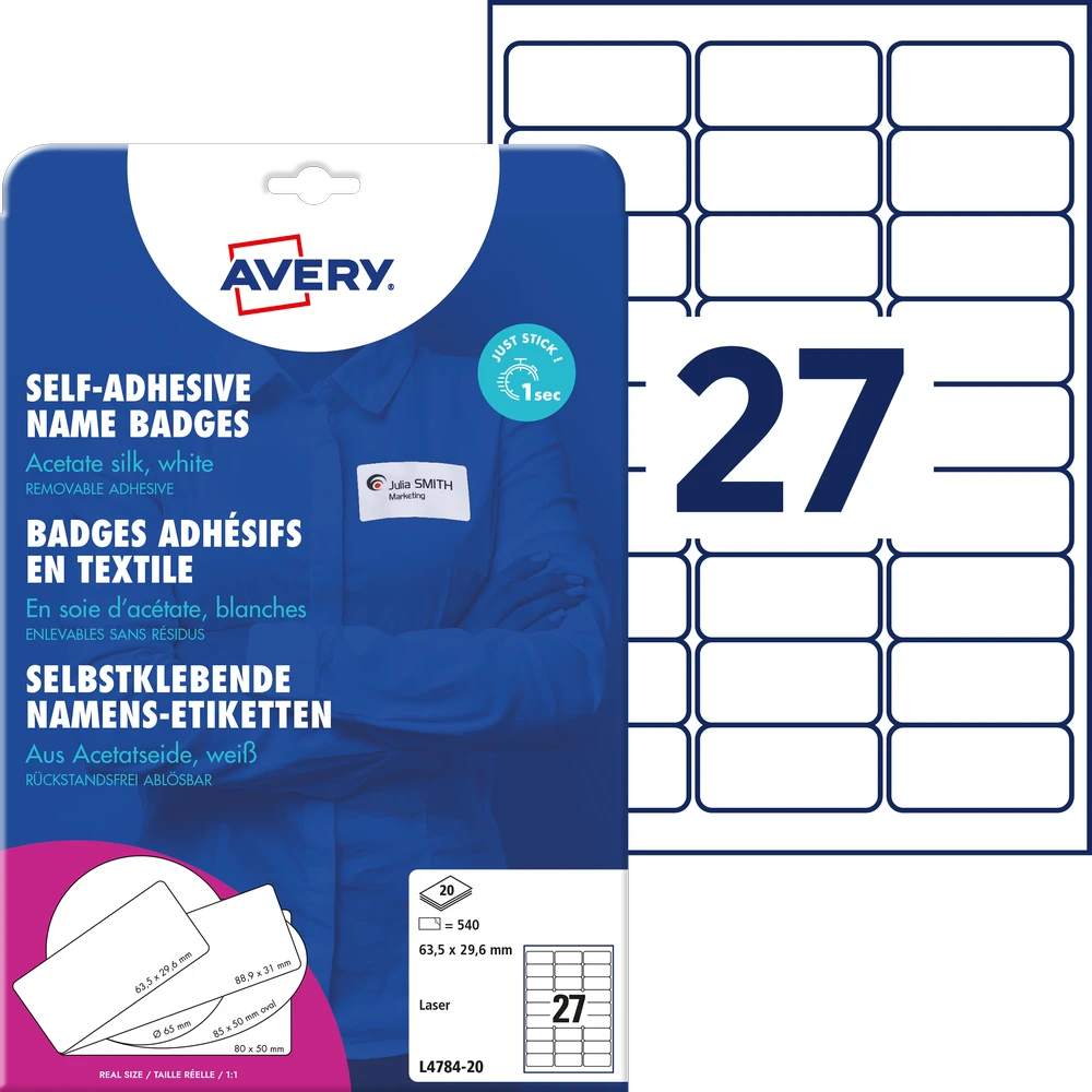 Etiketiniai vardų lipdukai Avery Zweckform, A4, 63,5×29,6mm, 27 etiketės lape, 20 lapų, baltos spalvos