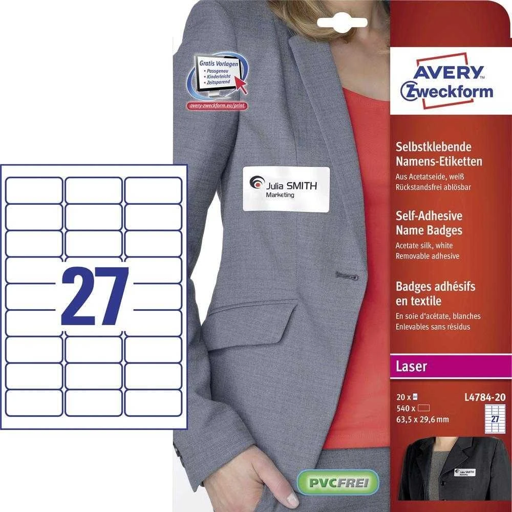 Etiketiniai vardų lipdukai Avery Zweckform, A4, 63,5×29,6mm, 27 etiketės lape, 20 lapų, baltos spalvos