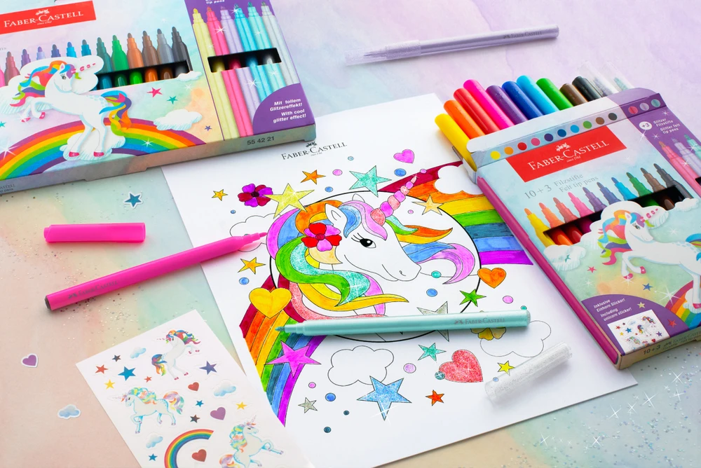 Flomasteriai Faber-Castell Unicorn, 10+3 spalvų + lipdukai