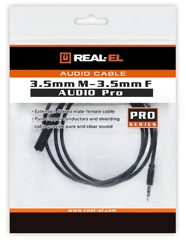 Garso kabelis REAL-EL Audio Pro 3,5 mm (vyriškas) – 3,5 mm (moteriškas), 1 m, juodas